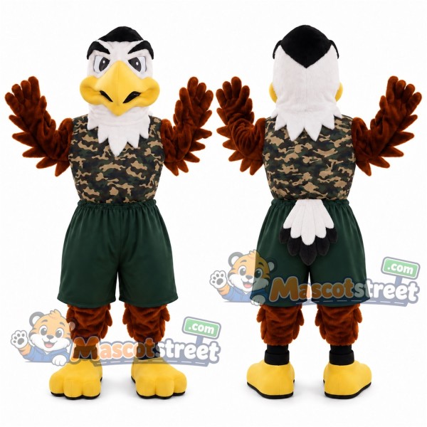 Bald Eagle Mascot Costume with Camouflage Vest and Green Shorts