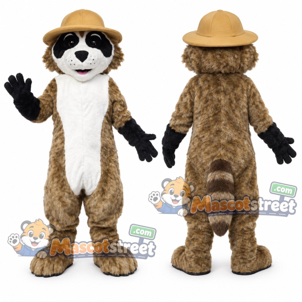 Brown Raccoon Mascot Costume with Tan Safari Hat