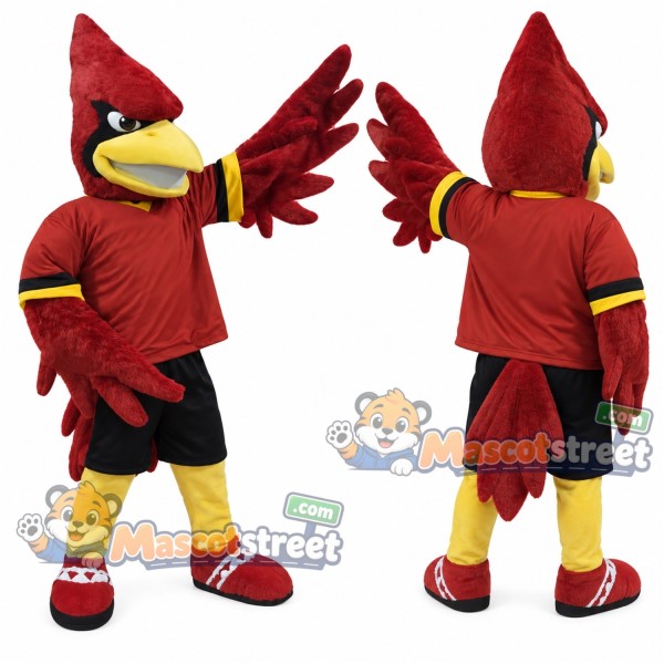 Red Cardinal Mascot Costume with Burgundy Shirt and Black Shorts