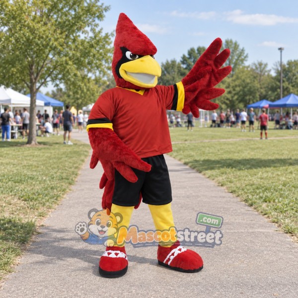 Red Cardinal Mascot Costume with Burgundy Shirt and Black Shorts