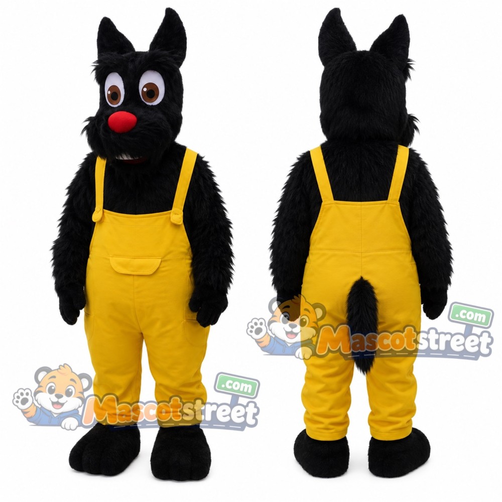 Black Scottish Terrier Mascot Costume with Yellow Overalls Black Scottish Terrier Mascot Costume with Yellow Overalls