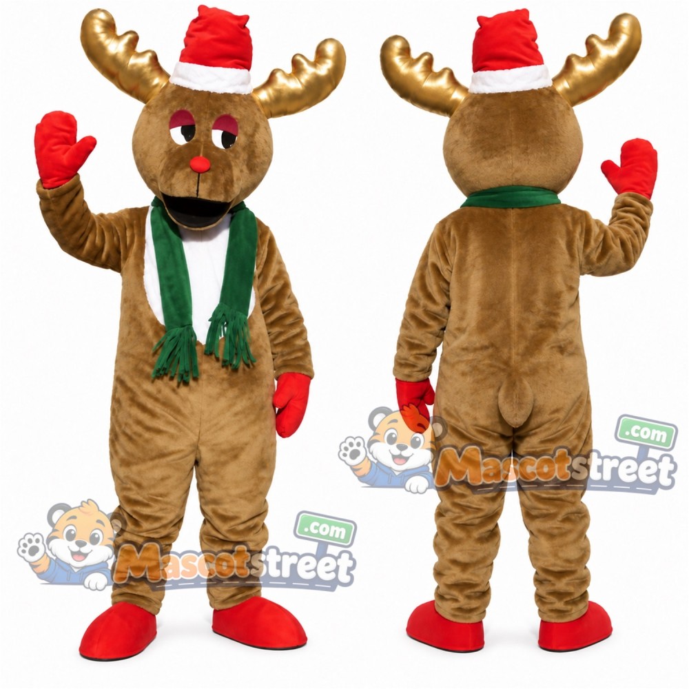 Brown Moose Mascot Costume with Green Scarf and Santa Hat