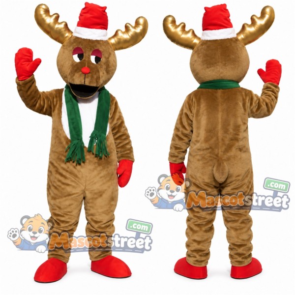 Brown Moose Mascot Costume with Green Scarf and Santa Hat