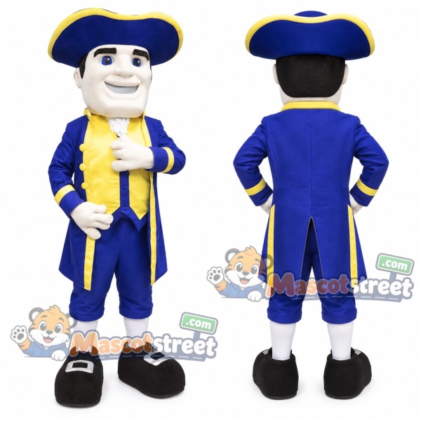 Colonial Man Mascot Costume with Blue Coat, White Trousers and Blue Tricorn Hat