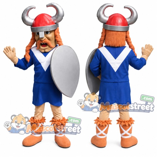 Viking Mascot Costume with Blue Tunic and Horned Helmet