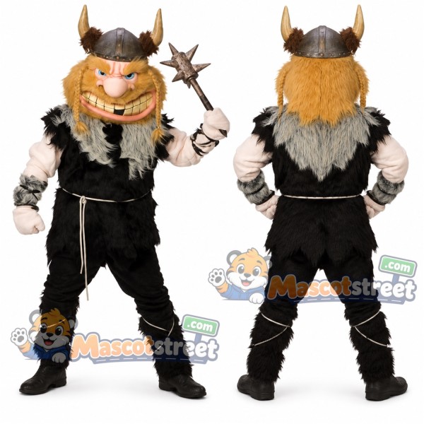 Viking Mascot Costume with Black Outfit and Horned Helmet