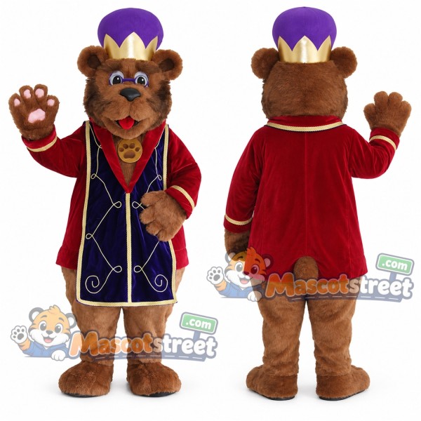 Brown Bear Mascot Costume with Red Royal Coat and Purple Crown
