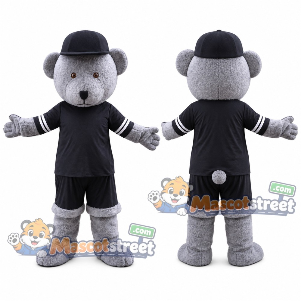 Gray Bear Mascot Costume with Black Sports Uniform and Black Hat Gray Bear Mascot Costume with Black Sports Uniform and Black Hat