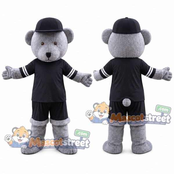 Gray Bear Mascot Costume with Black Sports Uniform and Black Hat