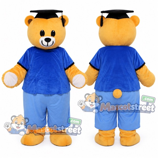 Yellow Bear Mascot Costume with Blue Shirt, Blue Trousers and Graduation Cap