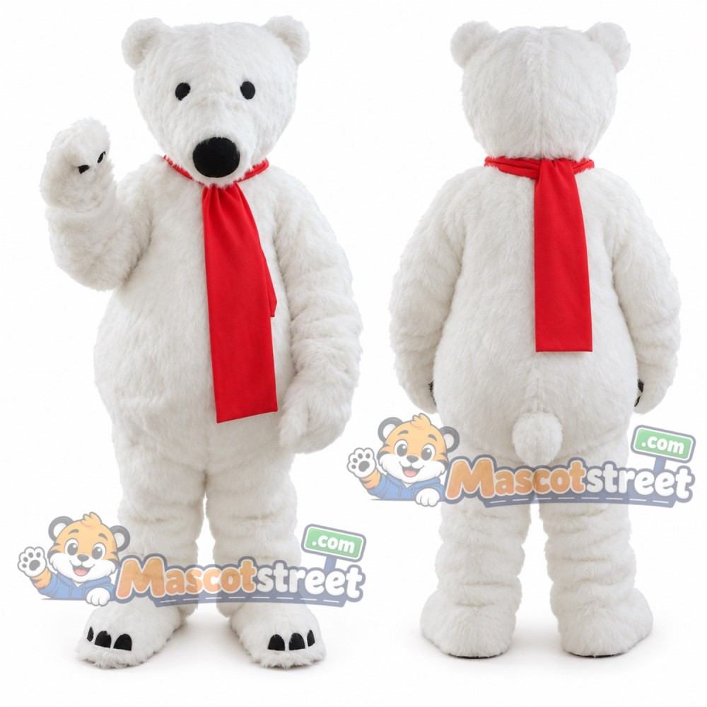 White Polar Bear Mascot Costume with Red Scarf White Polar Bear Mascot Costume with Red Scarf