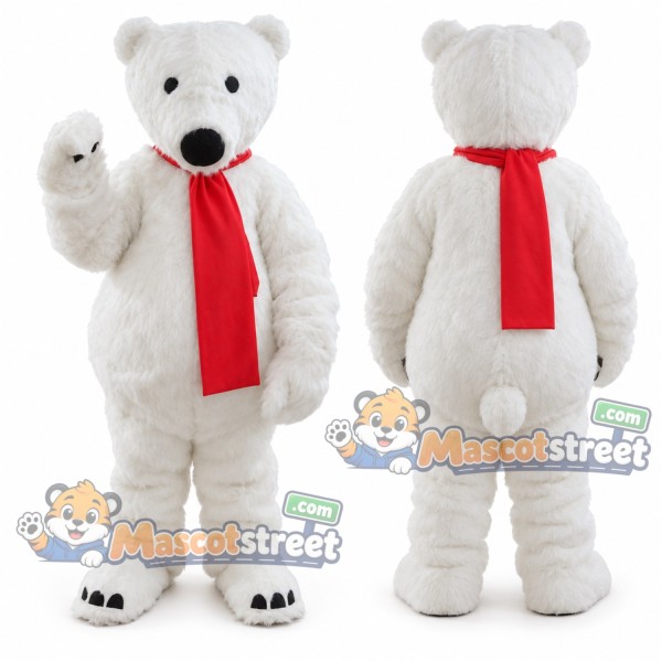 White Polar Bear Mascot Costume with Red Scarf