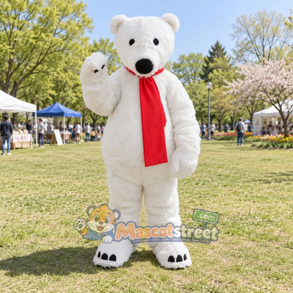 White Polar Bear Mascot Costume with Red Scarf White Polar Bear Mascot Costume with Red Scarf