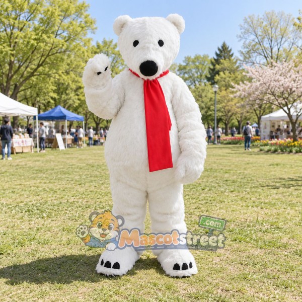 White Polar Bear Mascot Costume with Red Scarf