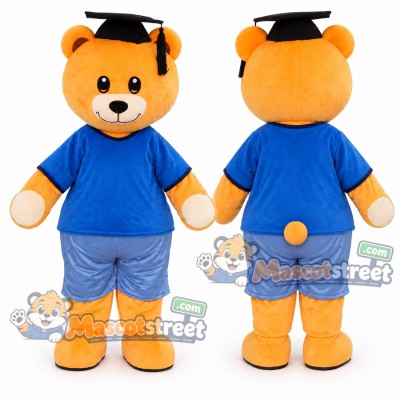 Yellow Bear Mascot Costume with Blue Shirt, Blue Shorts and Graduation Cap Yellow Bear Mascot Costume with Blue Shirt, Blue Shorts and Graduation Cap