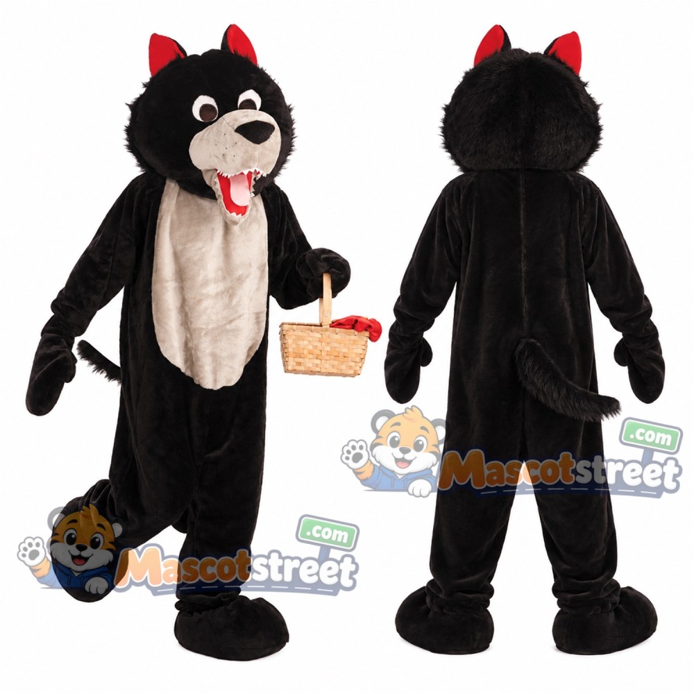Black Wolf Mascot Costume with Red Bow Black Wolf Mascot Costume with Red Bow