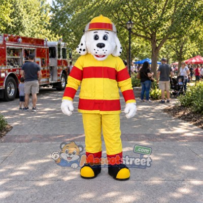Dalmatian Dog Mascot Costume with Yellow Firefighter Uniform and Helmet Dalmatian Dog Mascot Costume with Yellow Firefighter Uniform and Helmet