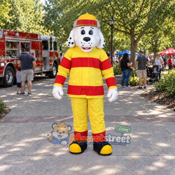 Dalmatian Dog Mascot Costume with Yellow Firefighter Uniform and Helmet