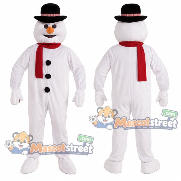 Snowman Mascot Costume with Black Hat and Red Scarf