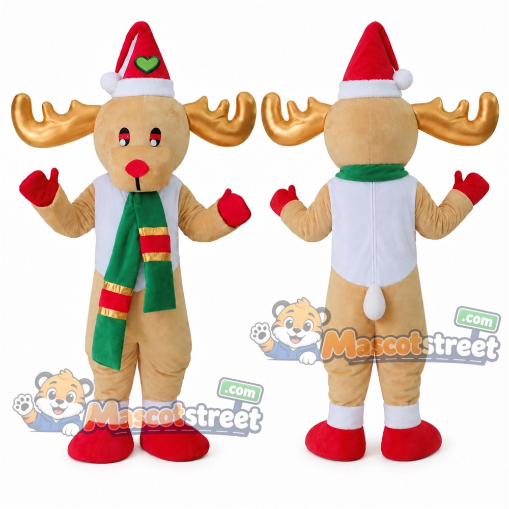 Tan Reindeer Mascot Costume with Green Scarf and Santa Hat Tan Reindeer Mascot Costume with Green Scarf and Santa Hat