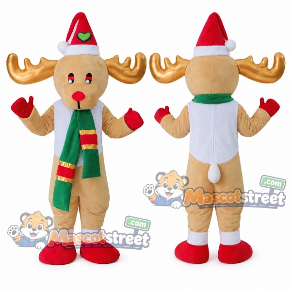 Tan Reindeer Mascot Costume with Green Scarf and Santa Hat