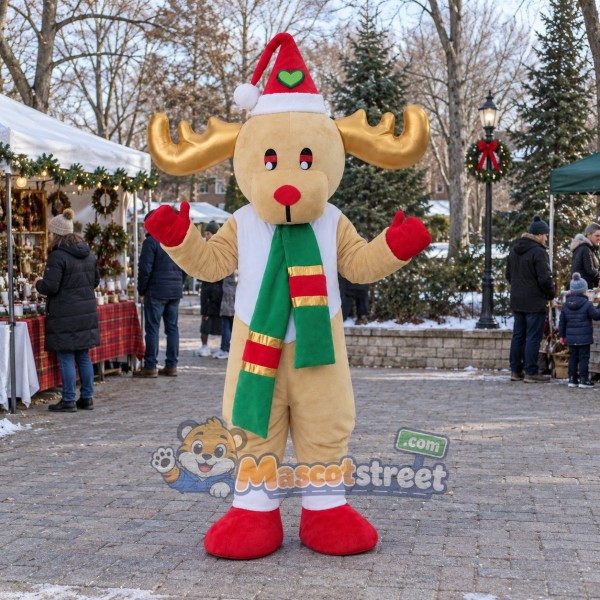 Tan Reindeer Mascot Costume with Green Scarf and Santa Hat