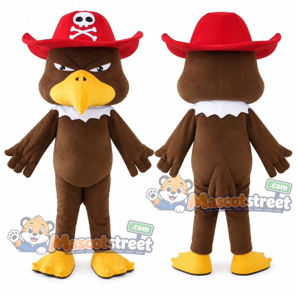 Brown Eagle Mascot Costume with Red Pirate Hat Brown Eagle Mascot Costume with Red Pirate Hat