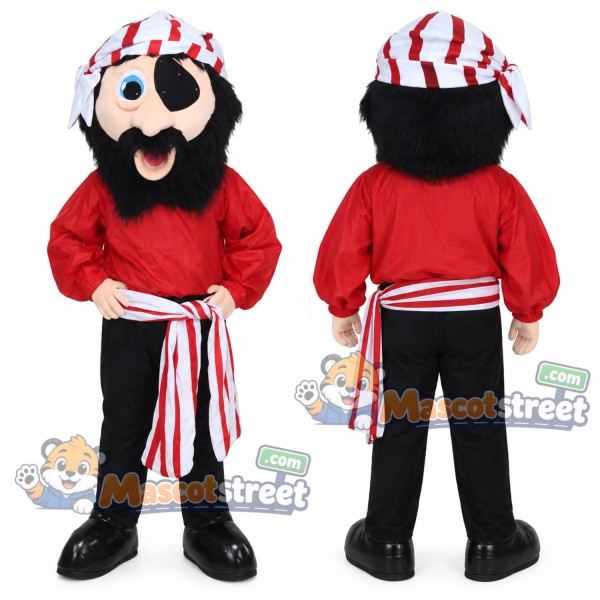 Pirate Mascot Costume with Red Shirt, Black Trousers and Striped Bandana