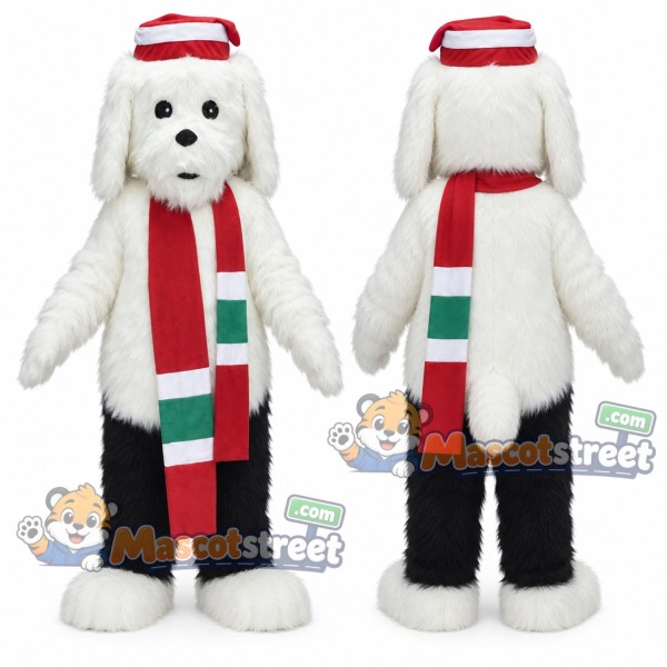 White Dog Mascot Costume with Red and Green Scarf and Striped Hat