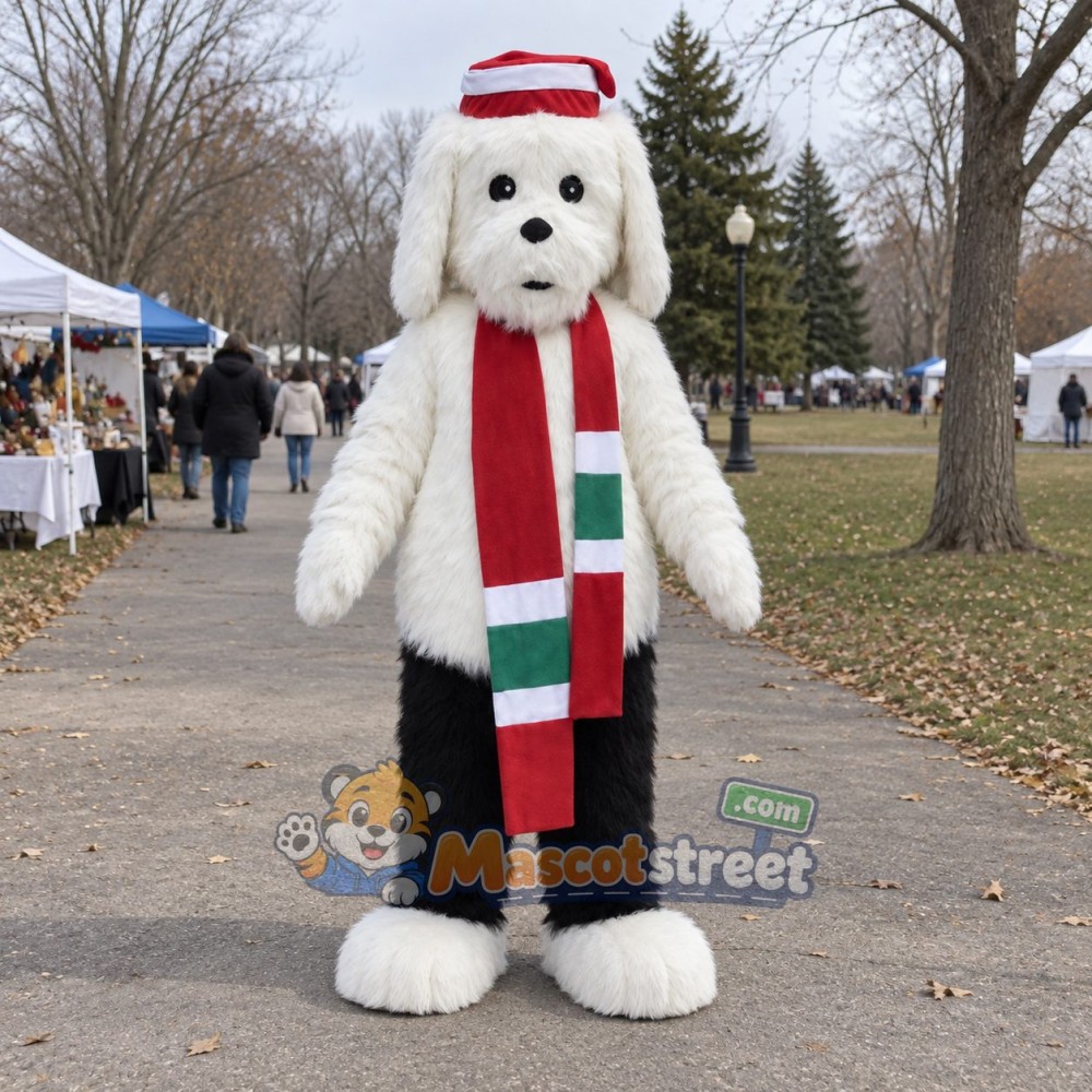 White Dog Mascot Costume with Red and Green Scarf and Striped Hat White Dog Mascot Costume with Red and Green Scarf and Striped Hat