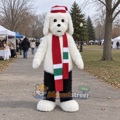 White Dog Mascot Costume with Red and Green Scarf and Striped Hat White Dog Mascot Costume with Red and Green Scarf and Striped Hat
