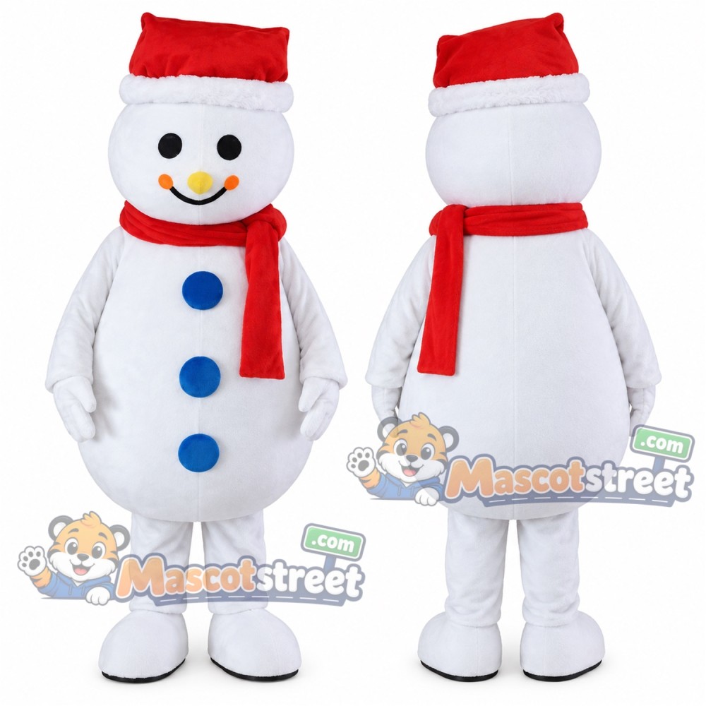 Snowman Mascot Costume with Red Scarf and Santa Hat Snowman Mascot Costume with Red Scarf and Santa Hat