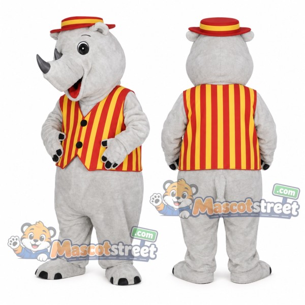 Gray Rhinoceros Mascot Costume with Striped Vest and Straw Hat