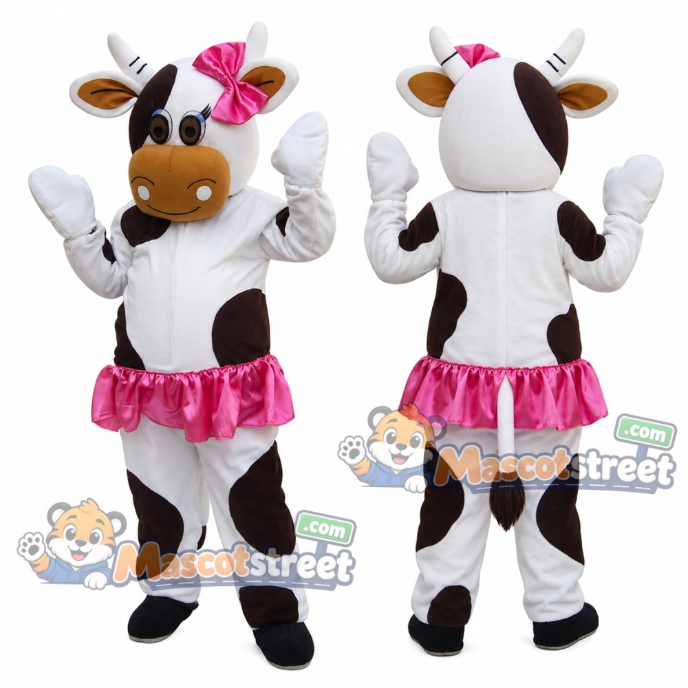 Black and White Cow Mascot Costume with Pink Tutu and Pink Bow