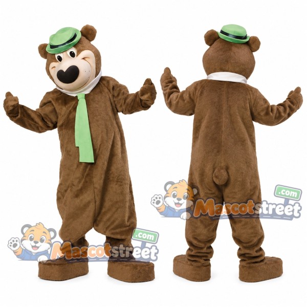 Brown Bear Mascot Costume with Green Tie and Green Hat