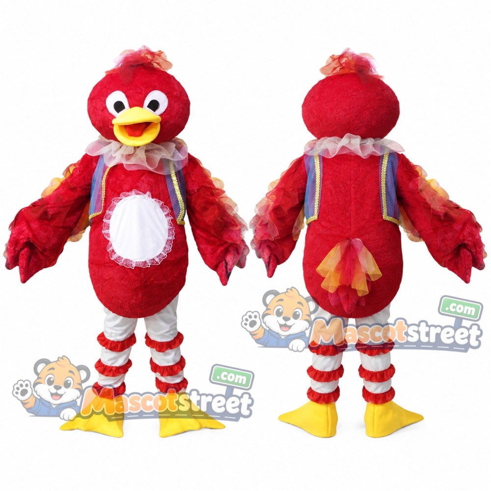 Red Bird Mascot Costume with Blue Vest and Striped Legs Red Bird Mascot Costume with Blue Vest and Striped Legs