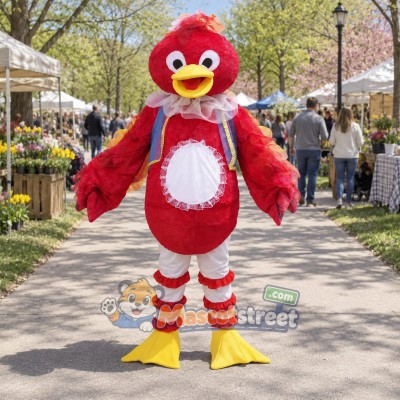 Red Bird Mascot Costume with Blue Vest and Striped Legs