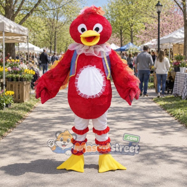 Red Bird Mascot Costume with Blue Vest and Striped Legs