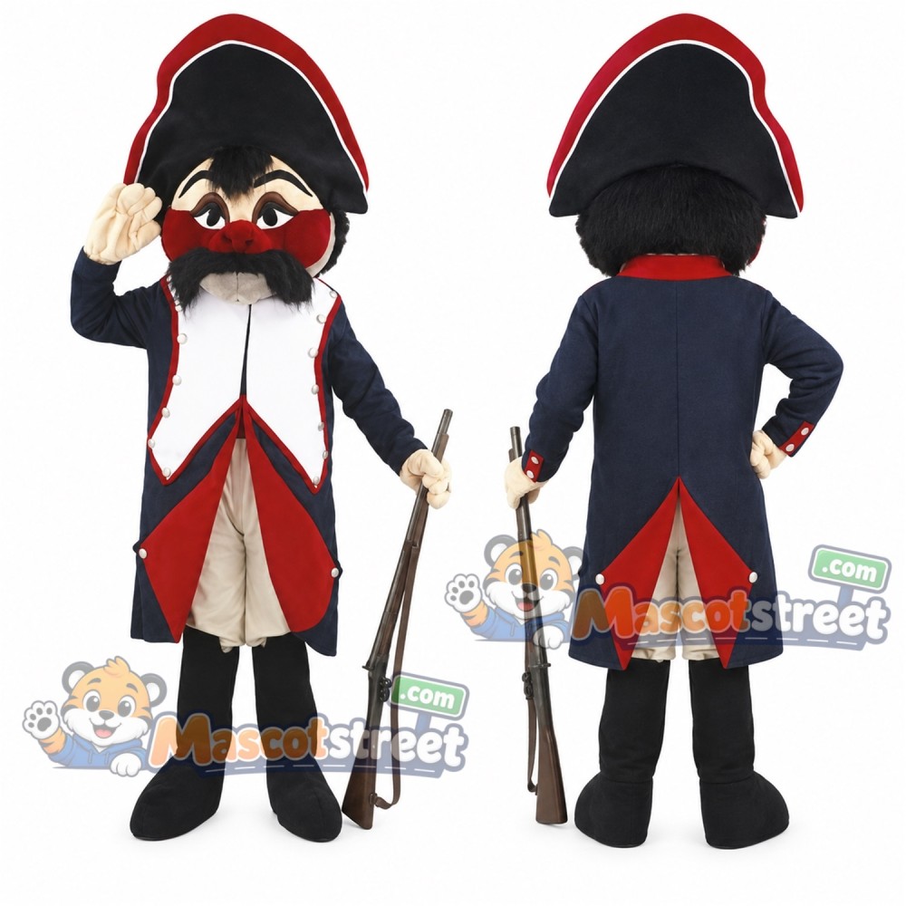 Military Officer Mascot Costume with Navy and Red Coat and Black Bicorne Hat