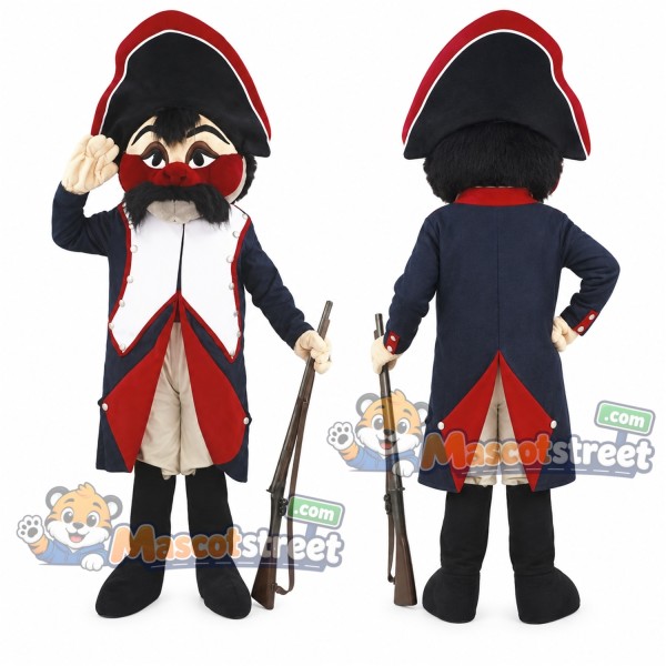 Military Officer Mascot Costume with Navy and Red Coat and Black Bicorne Hat