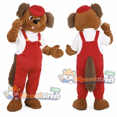 Brown Beaver Mascot Costume with Red Overalls and Red Cap Brown Beaver Mascot Costume with Red Overalls and Red Cap