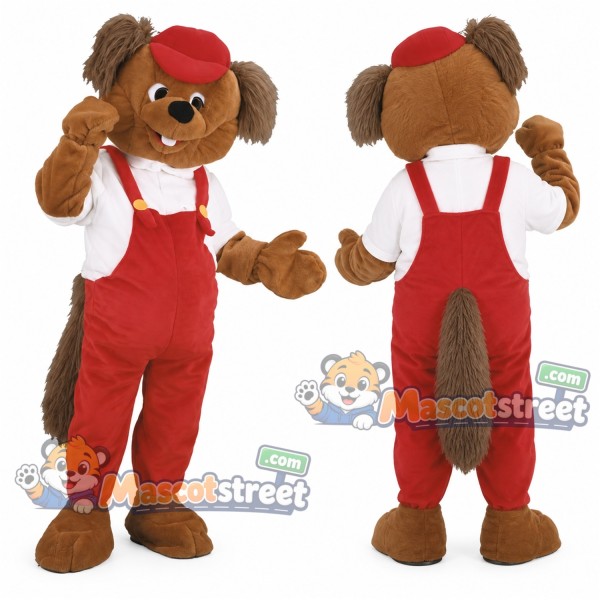 Brown Beaver Mascot Costume with Red Overalls and Red Cap