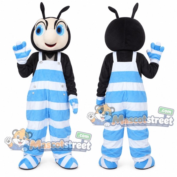 Black Ant Mascot Costume with Blue and White Striped Overalls