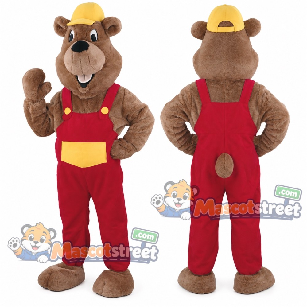 Brown Bear Mascot Costume with Red Overalls and Yellow Cap Brown Bear Mascot Costume with Red Overalls and Yellow Cap