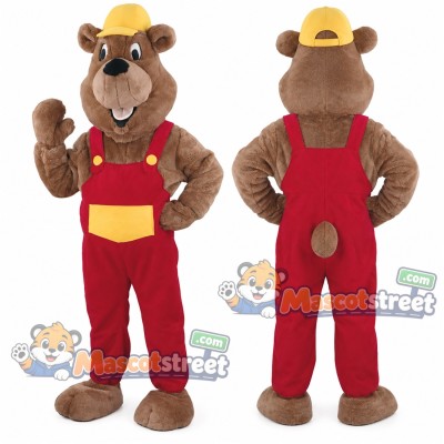 Brown Bear Mascot Costume with Red Overalls and Yellow Cap Brown Bear Mascot Costume with Red Overalls and Yellow Cap