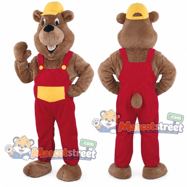 Brown Bear Mascot Costume with Red Overalls and Yellow Cap
