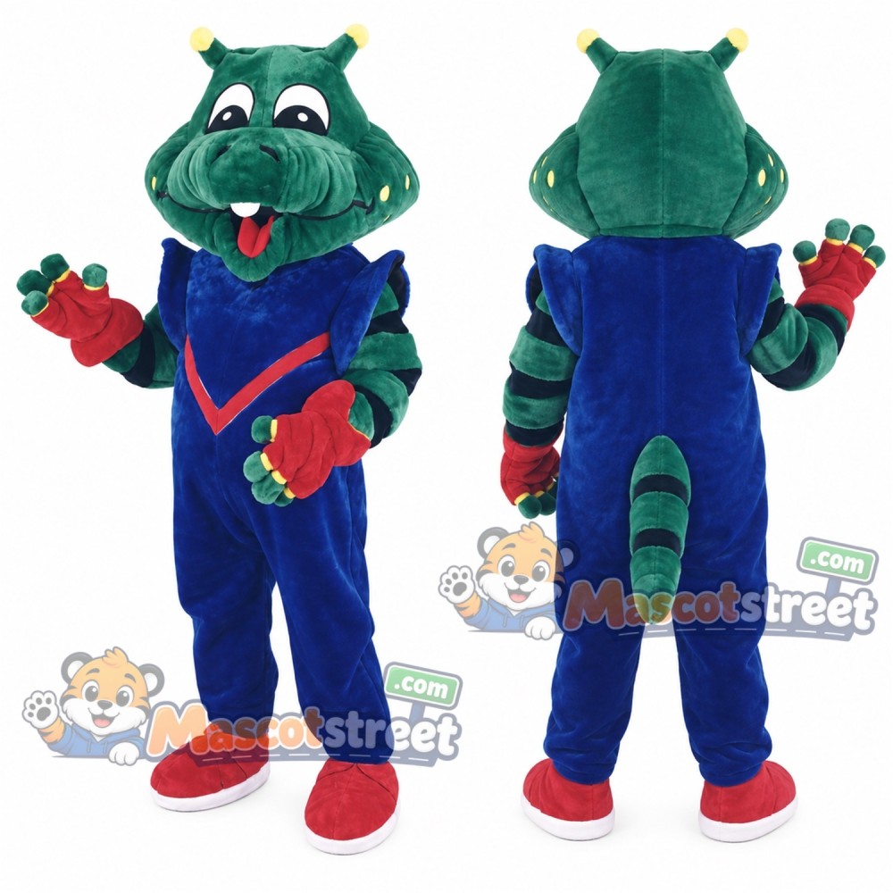 Green Crocodile Mascot Costume with Blue Jumpsuit