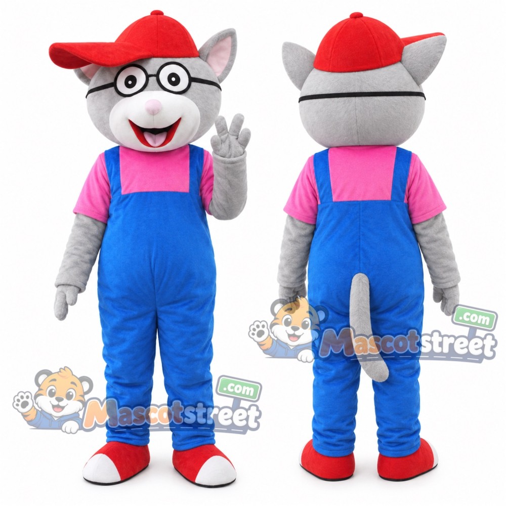 Gray Cat Mascot Costume with Pink Shirt, Blue Overalls, Red Cap and Glasses Gray Cat Mascot Costume with Pink Shirt, Blue Overalls, Red Cap and Glasses