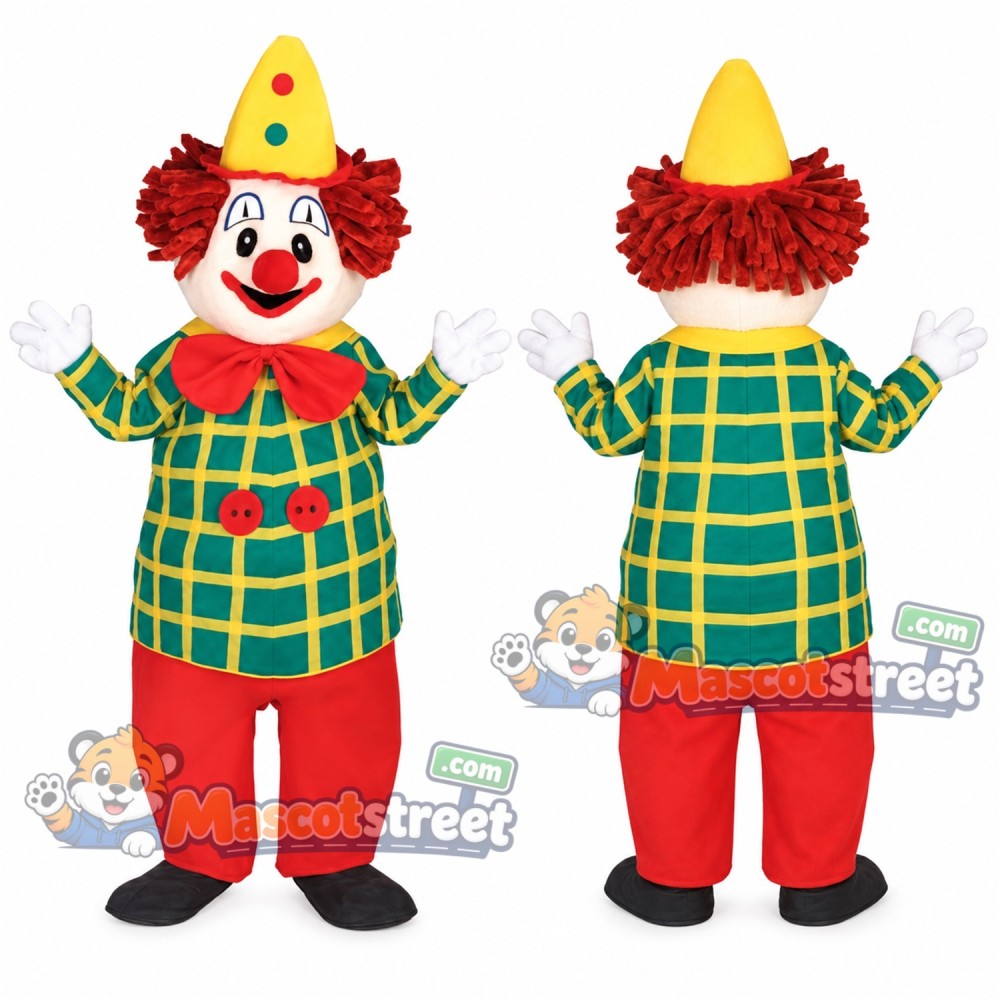 Clown Mascot Costume with Green Plaid Shirt, Red Trousers and Yellow Hat Clown Mascot Costume with Green Plaid Shirt, Red Trousers and Yellow Hat