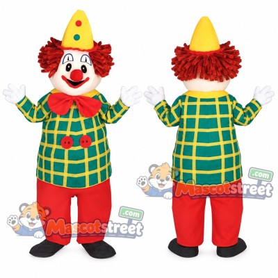 Clown Mascot Costume with Green Plaid Shirt, Red Trousers and Yellow Hat Clown Mascot Costume with Green Plaid Shirt, Red Trousers and Yellow Hat